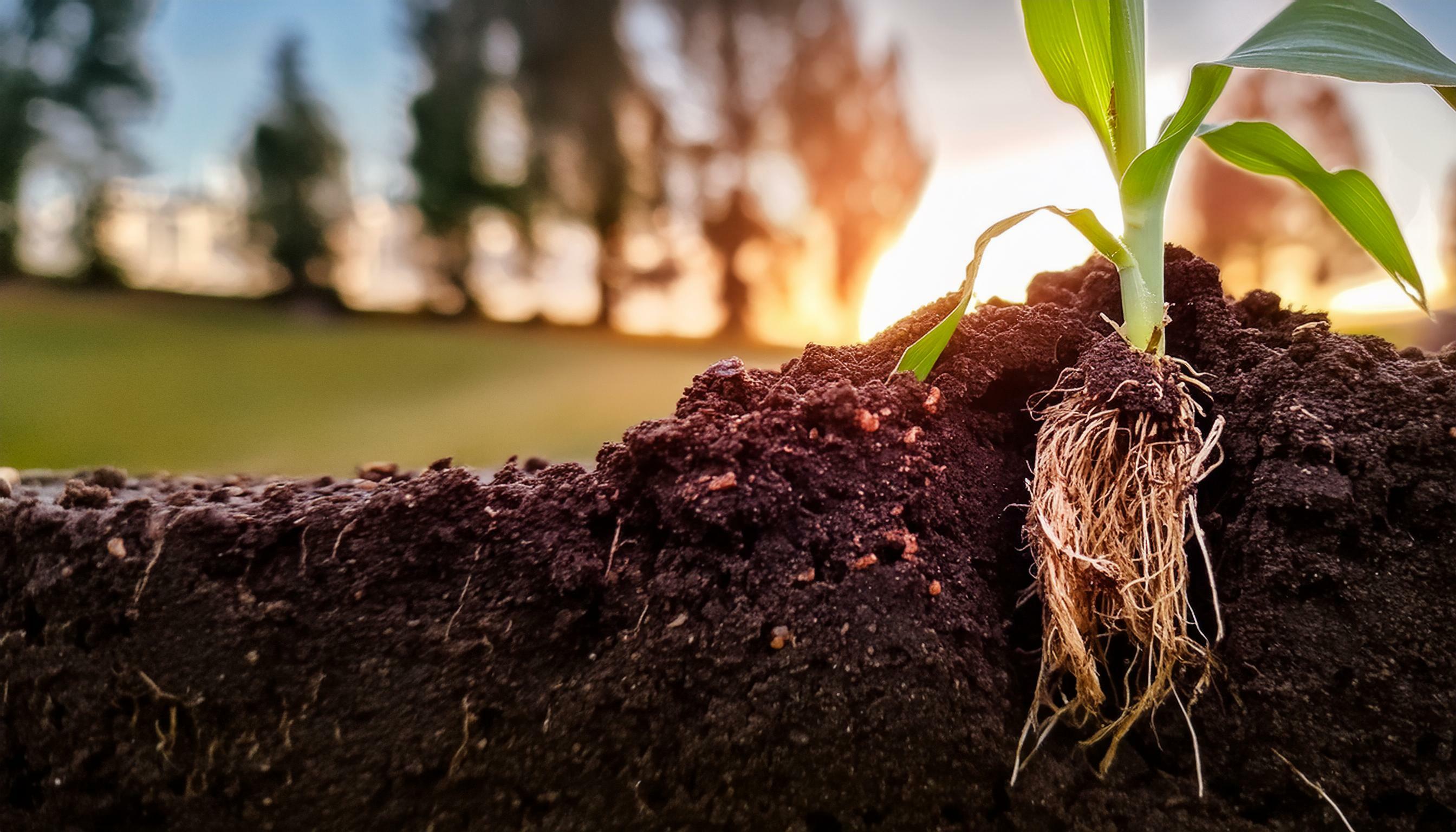 Firefly photo of a single corn plant with the roots exposed in a cutout in the soil very realistic